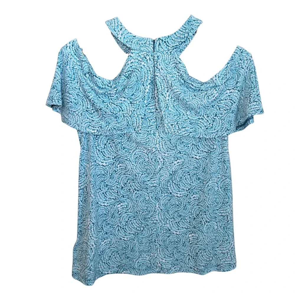 Michael Kors Womens Medium Top Cold Shoulder Ruffle Blue Printed Halter Blouse